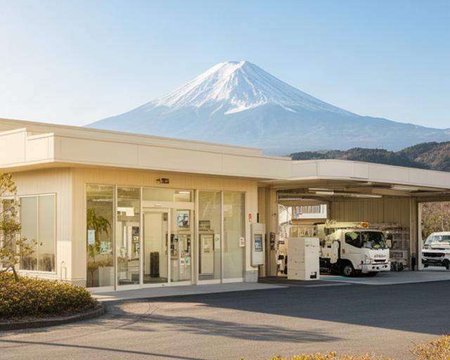 富士山を望む静岡県富士市のATM保守拠点と明るい事務所外観