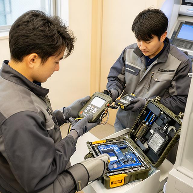 静岡県内のATM保守技術者が保守機器を確認する作業現場