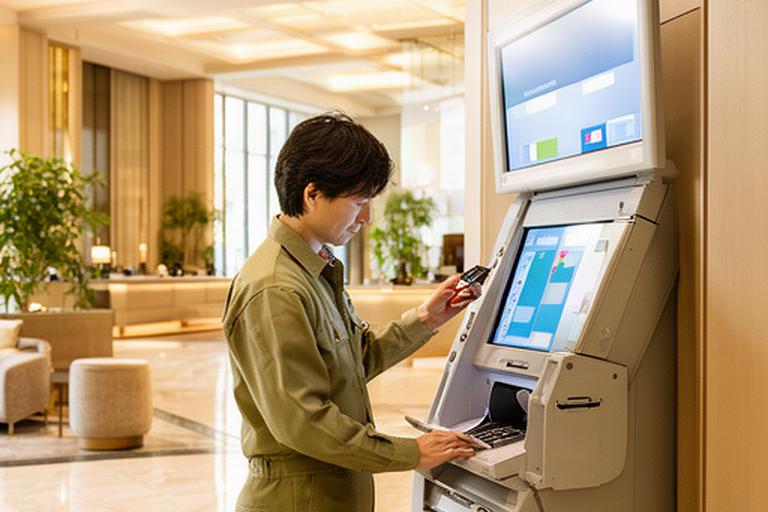 ホテルロビーのATMを点検する保守担当者と多言語案内画面
